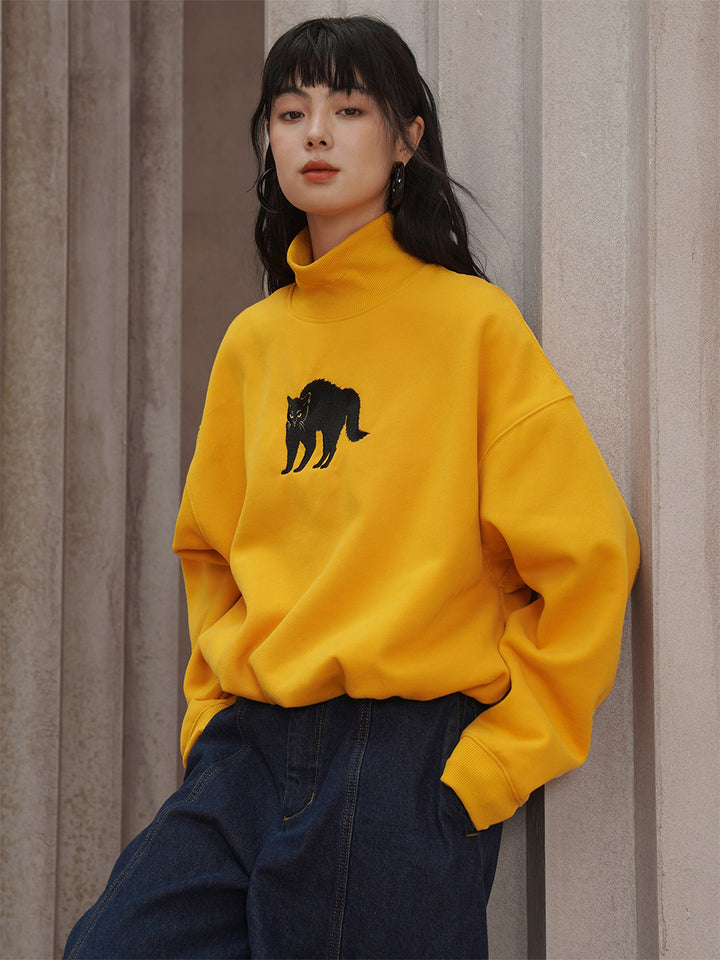 Sun Yellow Embroidered Black Cat Sweatshirt - Retro Streetwear Pullover with Half High Neck, Cute Embroidery Graphic Sweatshirt for Women