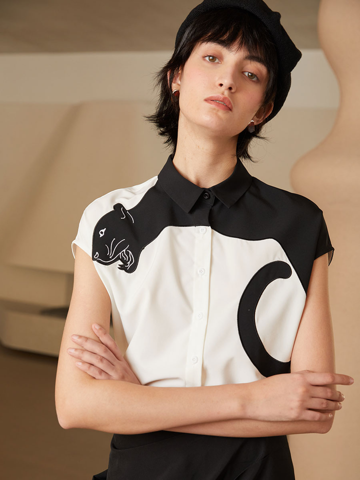 Urban Feline Leopard Shirt - Original Art Style Color Contrast Slimming Short Sleeve Blouse