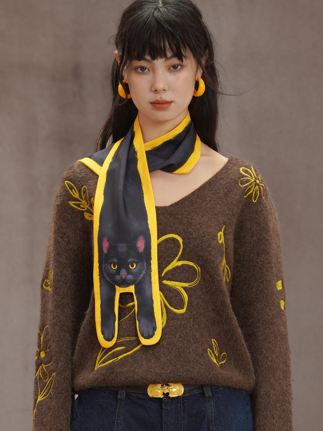 Original Little Black Cat Printed Silk Scarf Smooth Skin friendly Women's Accessories Scarf Personalized Neck Protection Bright Yellow Scarf