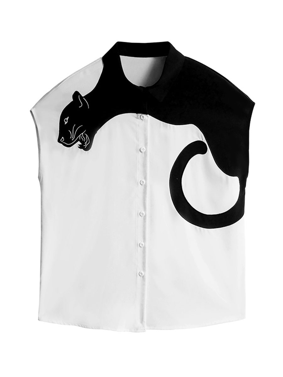Urban Feline Leopard Shirt - Original Art Style Color Contrast Slimming Short Sleeve Blouse