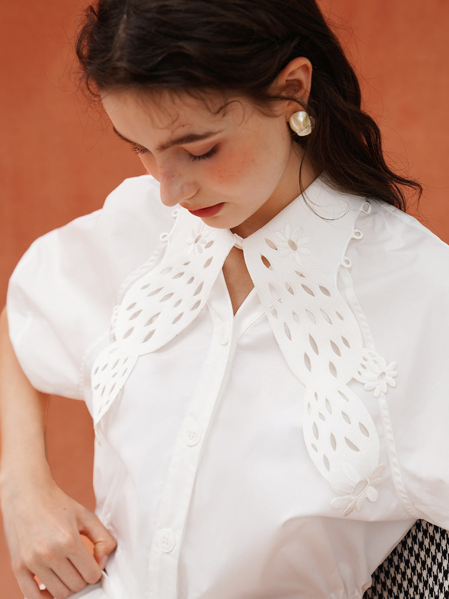 Original plant embroidery small V-neck hollow collar shirt wrinkle resistant breathable fabric short shirt versatile