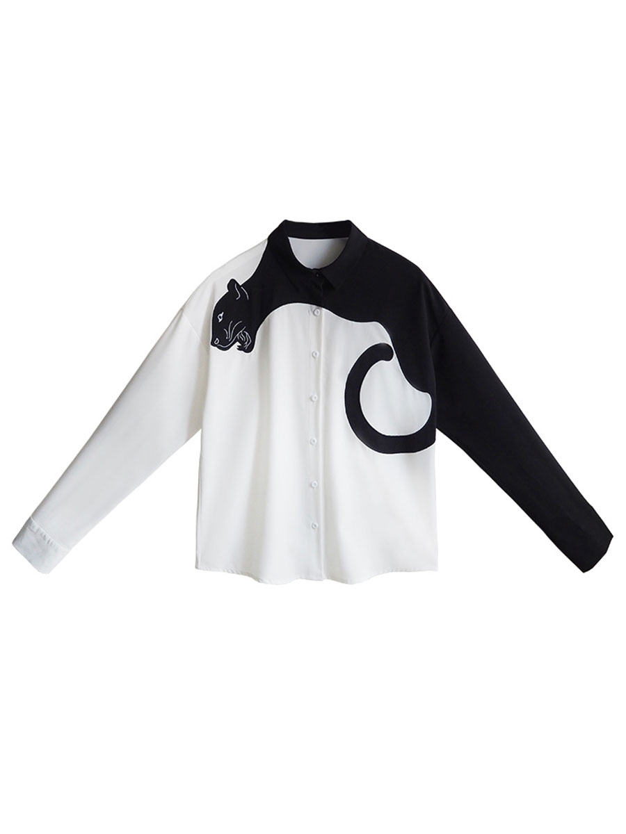 Leopard Art Shirt - Original Leopard Print Color-Contrast Slimming Short Sleeve Blouse