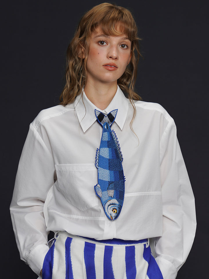 Original design: Embroidered fish series tie, retro and niche design, tie, women's personalized accessory