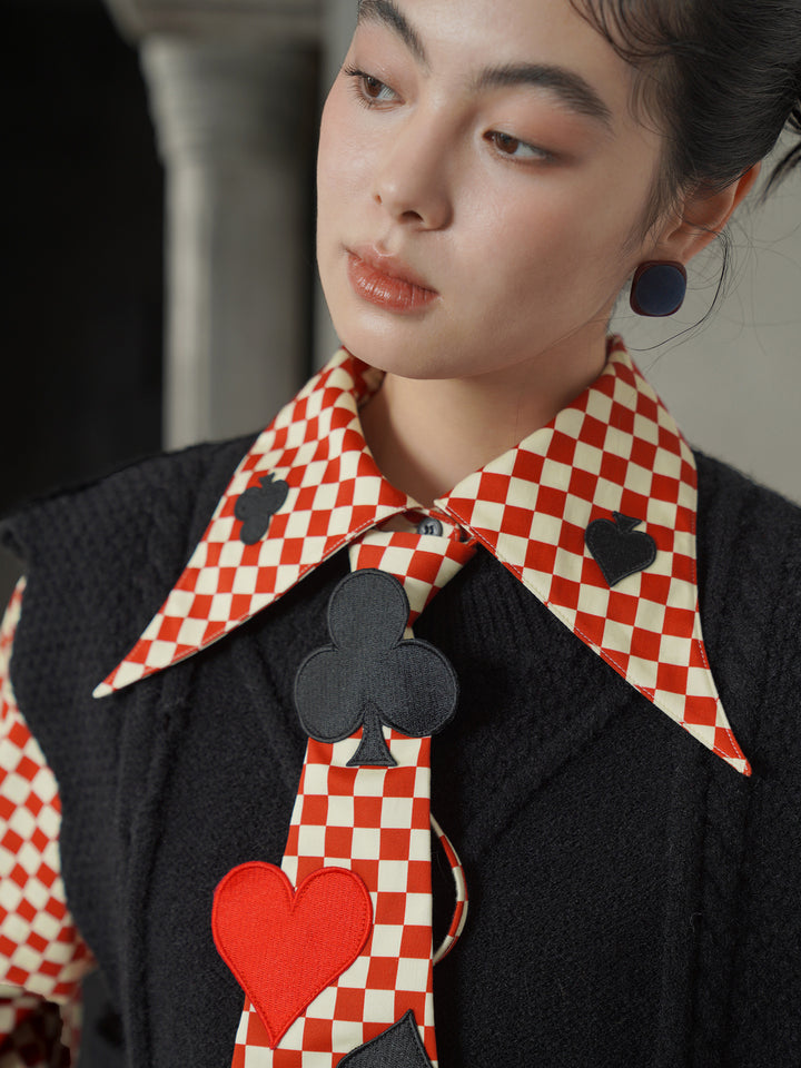 Vintage Red Diamond & Poker Embroidered Shirt | Preppy Style Lapel Blouse