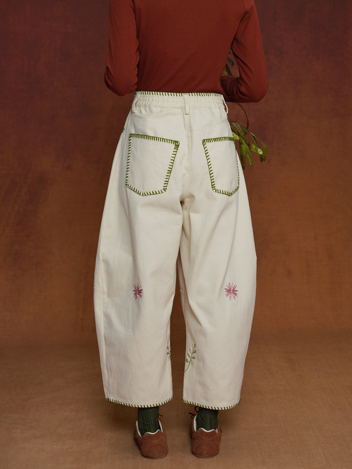 Original retro embroidered cactus casual pants for women, Cuban style high waisted straight leg wide leg pants, unisex style