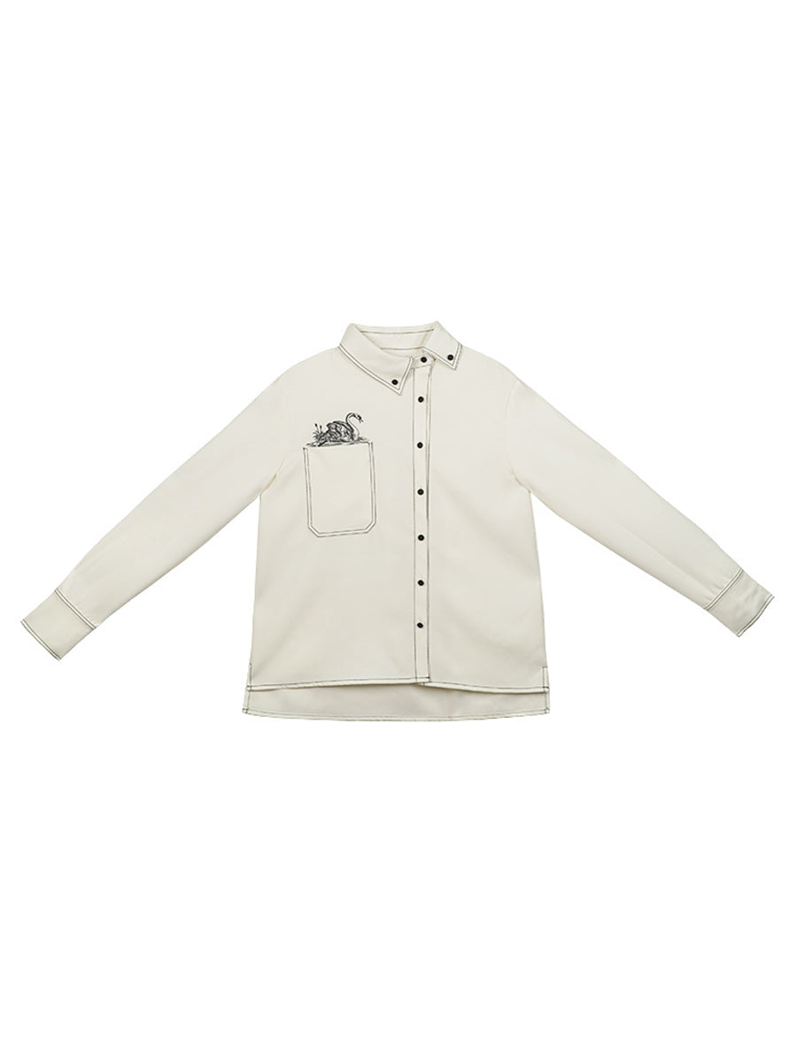 Original new niche fun little shirt for women, exquisite embroidery swan shirt, genderless retro top for couples