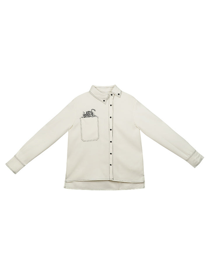 Original new niche fun little shirt for women, exquisite embroidery swan shirt, genderless retro top for couples