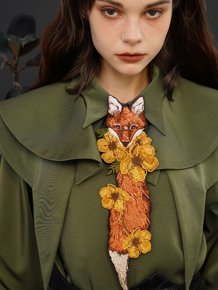 "Fox Tail" Embroidered Necktie - Vintage Flower Knot-Free Tie