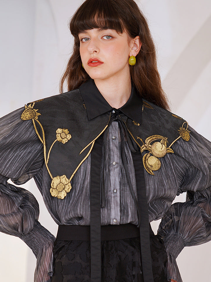 Original design collar shirt niche elegant black classic bubble sleeve spring/summer new long sleeved shirt for women