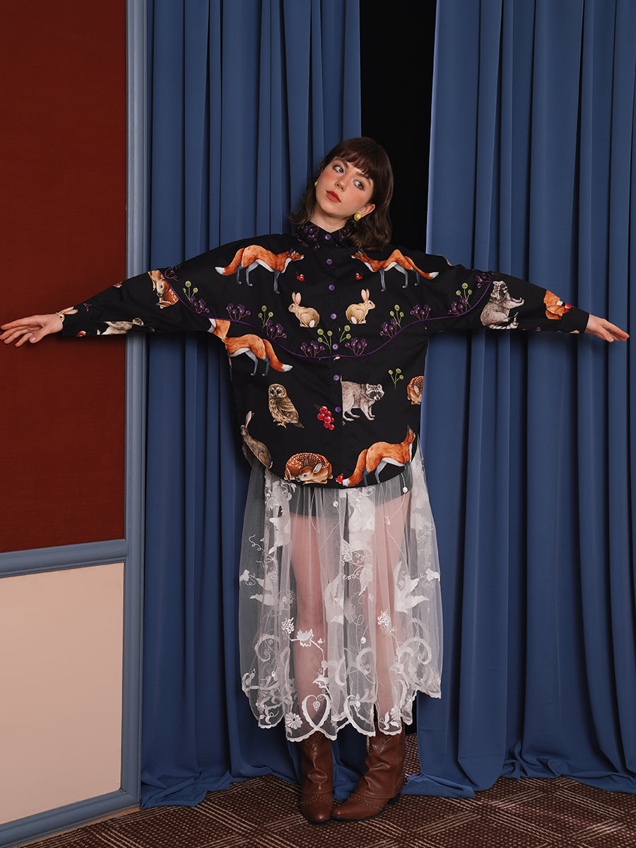 Original retro art shirt, classical hand-painted animal illustration printed top, casual spring and summer small shirt for women