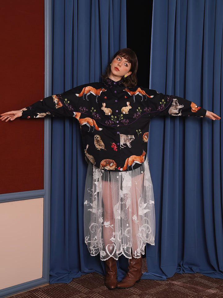 Original retro art shirt, classical hand-painted animal illustration printed top, casual spring and summer small shirt for women