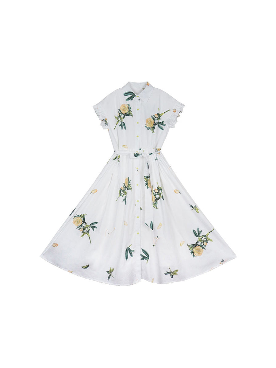 Original Early Spring French Romantic Plant Printed Tea Break Skirt for Palace Girls Retro Chic Dress for Women