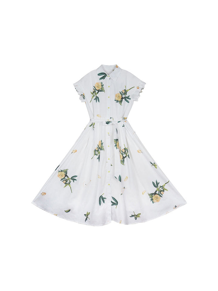 Original Early Spring French Romantic Plant Printed Tea Break Skirt for Palace Girls Retro Chic Dress for Women