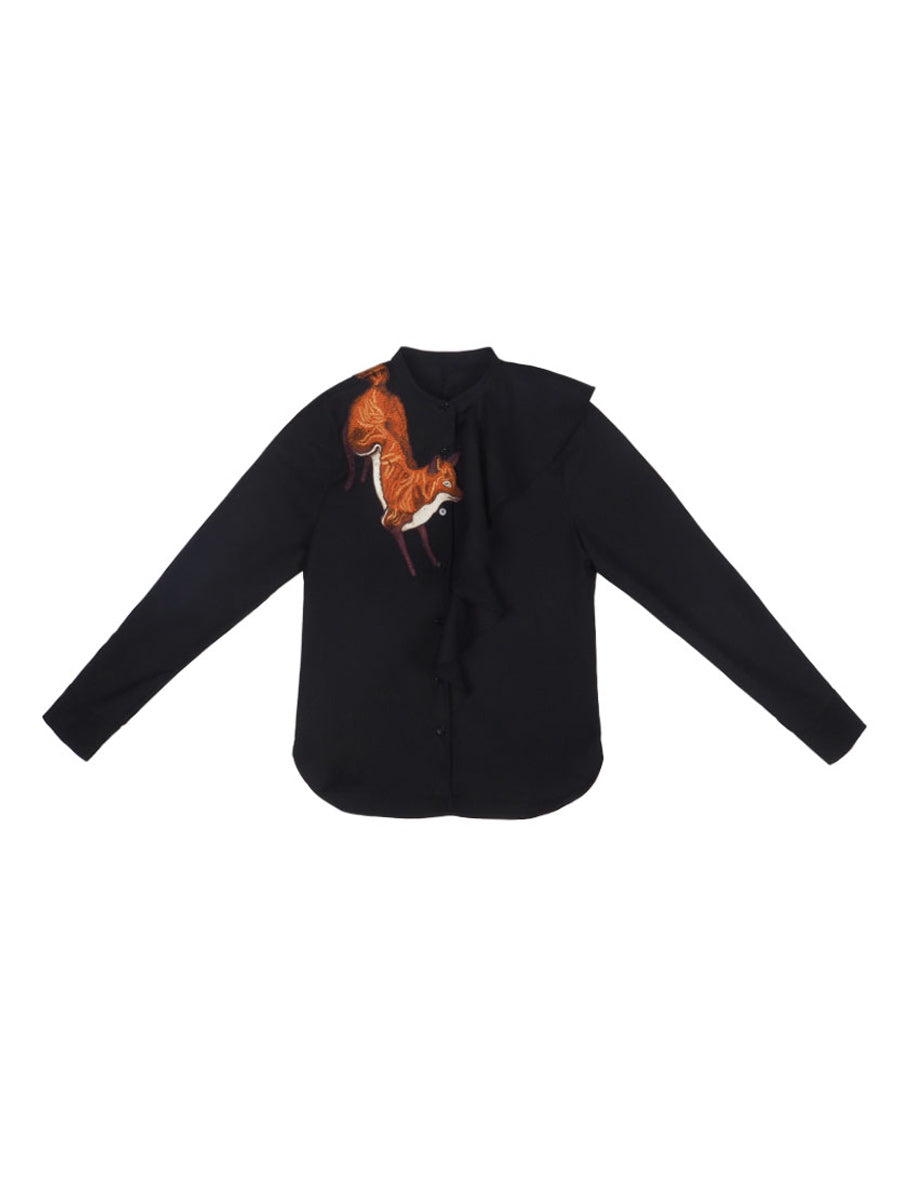 Original Zihu Story: Heavy Industry Embroidered Stand up Collar Cotton Shirt Retro Asymmetric Wave Ruffle Top for Women