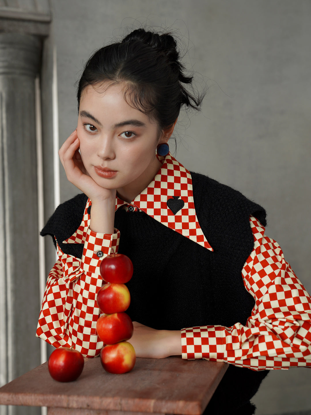 Vintage Red Diamond & Poker Embroidered Shirt | Preppy Style Lapel Blouse