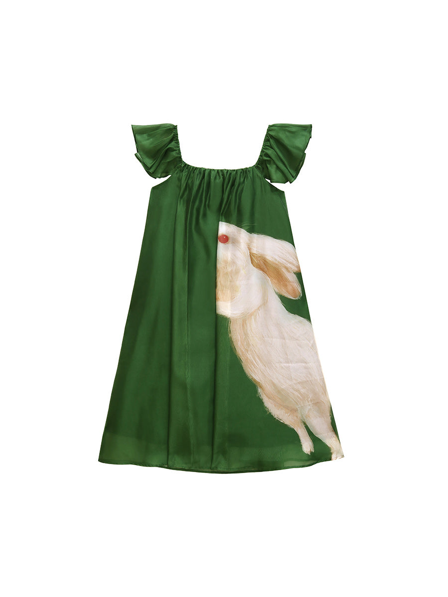 Original French retro printed rabbit pattern flying sleeve dress for women, short sleeved romantic and super fairy slimming dress