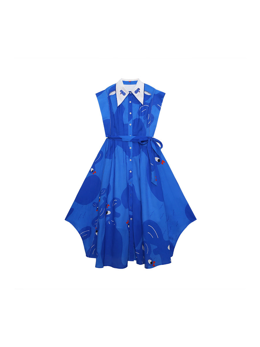 Original French Retro Bird Graffiti Printed Sleeveless Dress, Women's Blue Long Dress, Stylish and Slimming Skirt