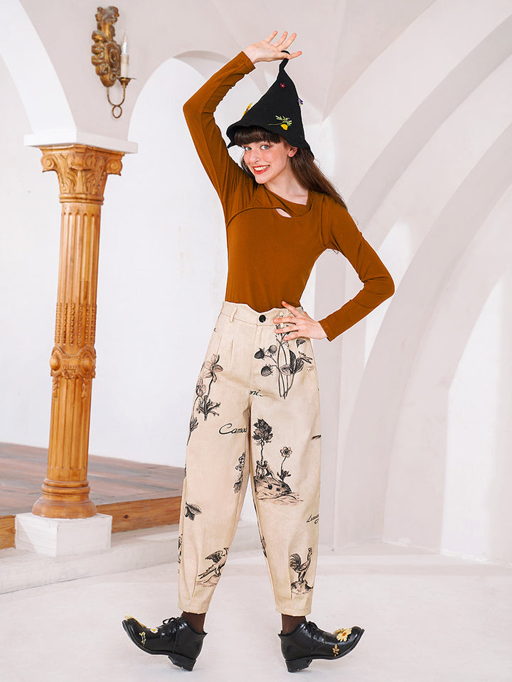Original design with a retro style, carrot style small leg pants, small stature, niche, full print, versatile, slimming pants