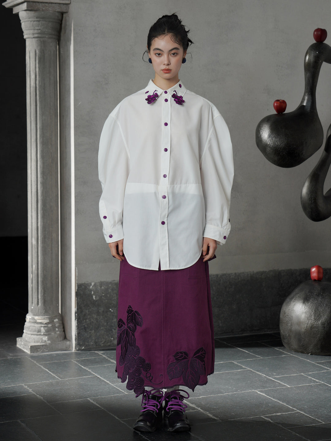Vintage Grape Purple Embroidered Shirt | Contrast White Lapel Blouse