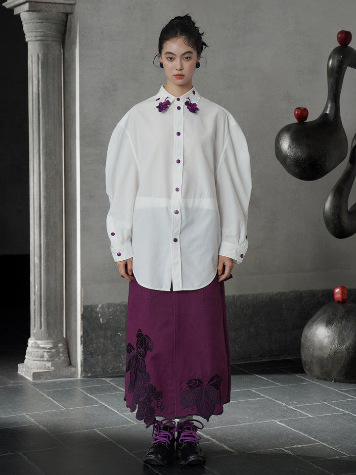 Vintage Grape Purple Embroidered Shirt | Contrast White Lapel Blouse