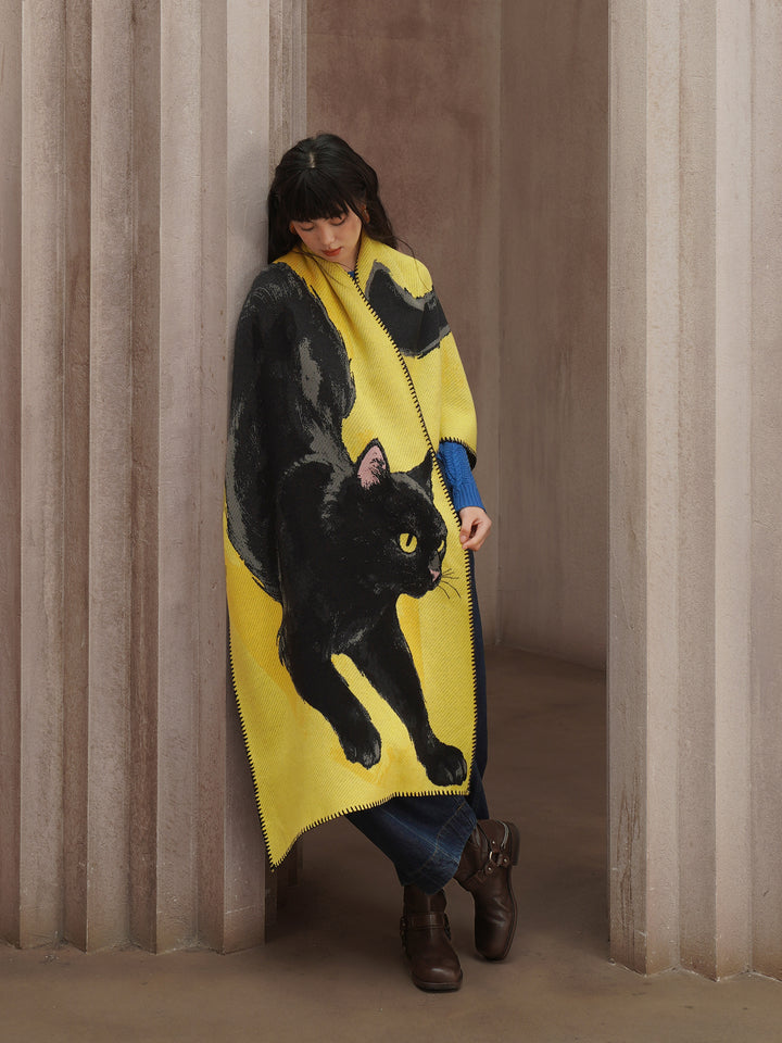 Midnight Feline  Chunky Shawl - Original Wool Blend Black Cat Knitted Scarf