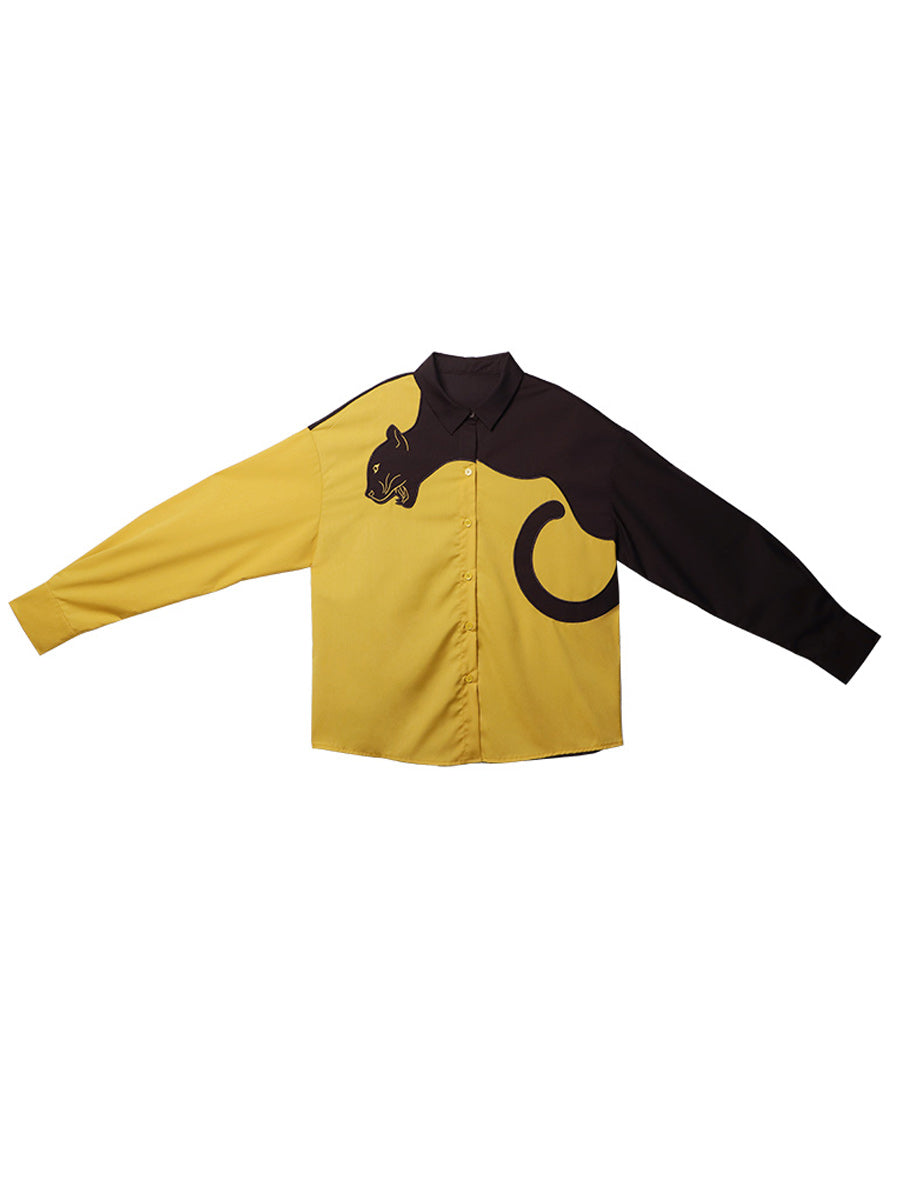 Original sleeved contrasting leopard shirt with artistic style retro spring top for women