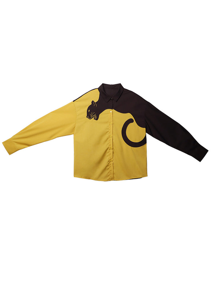 Original sleeved contrasting leopard shirt with artistic style retro spring top for women