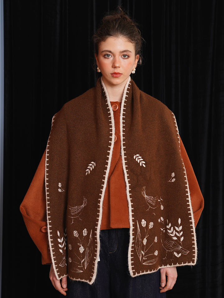 Original Retro Forest Embroidered Scarf Thickened Soft Sticky Skin friendly Shawl Warm Classic Deep Brown Gift