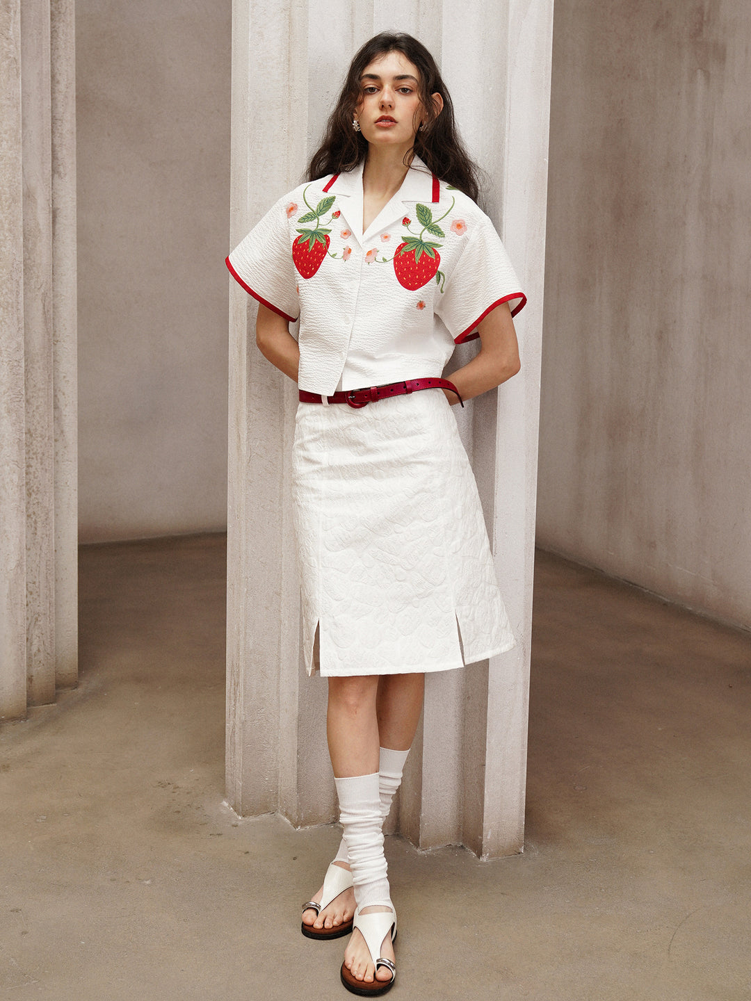 Strawberry Embroidered Cuban Collar Short-Sleeve Shirt