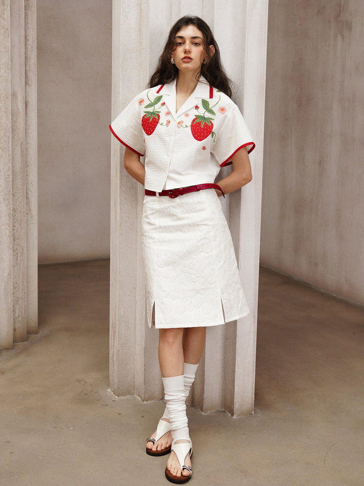 Strawberry Embroidered Cuban Collar Short-Sleeve Shirt