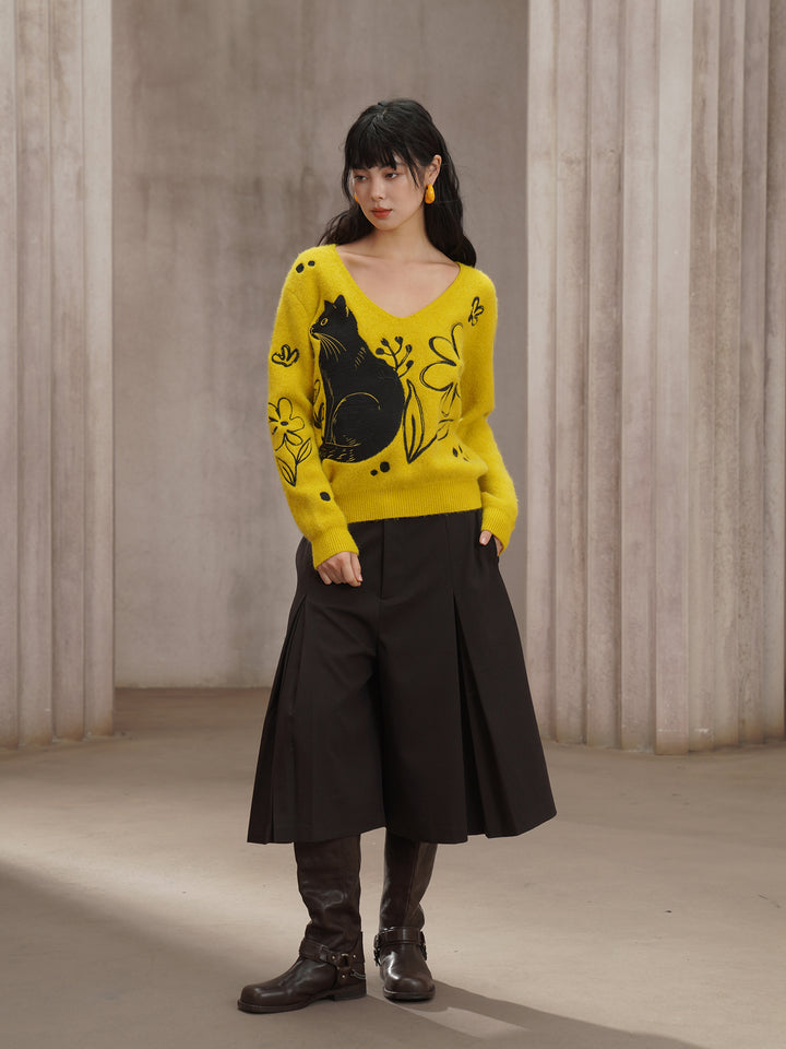 Vintage V-Neck Knitted Sweater – Black Cat Embroidery, Rabbit Hair Blend