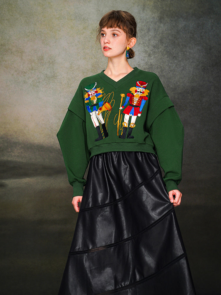 Nutcracker Embroidered Wide V-neck Hoodie with Spliced Sleeves