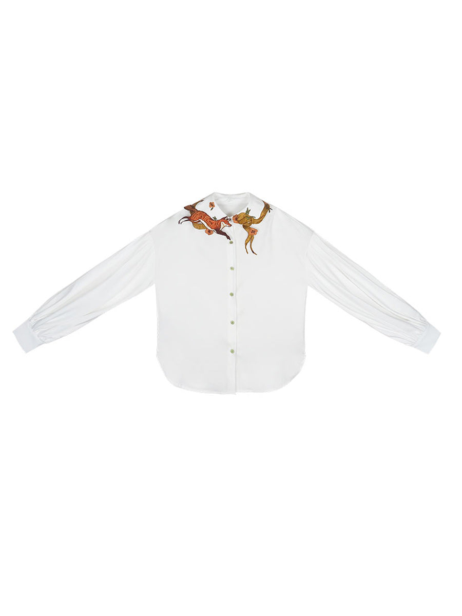 New Fox Story Retro Shirt with Heavy Embroidery and Ribbon Wrapping, Original Women's Top for Women