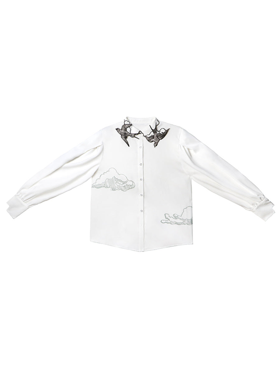 Original Embroidered Collar White Shirt Designer Style Small and Beautiful Versatile Top Women's Long Sleeve