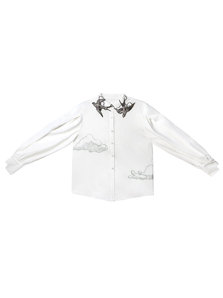 Original Embroidered Collar White Shirt Designer Style Small and Beautiful Versatile Top Women's Long Sleeve