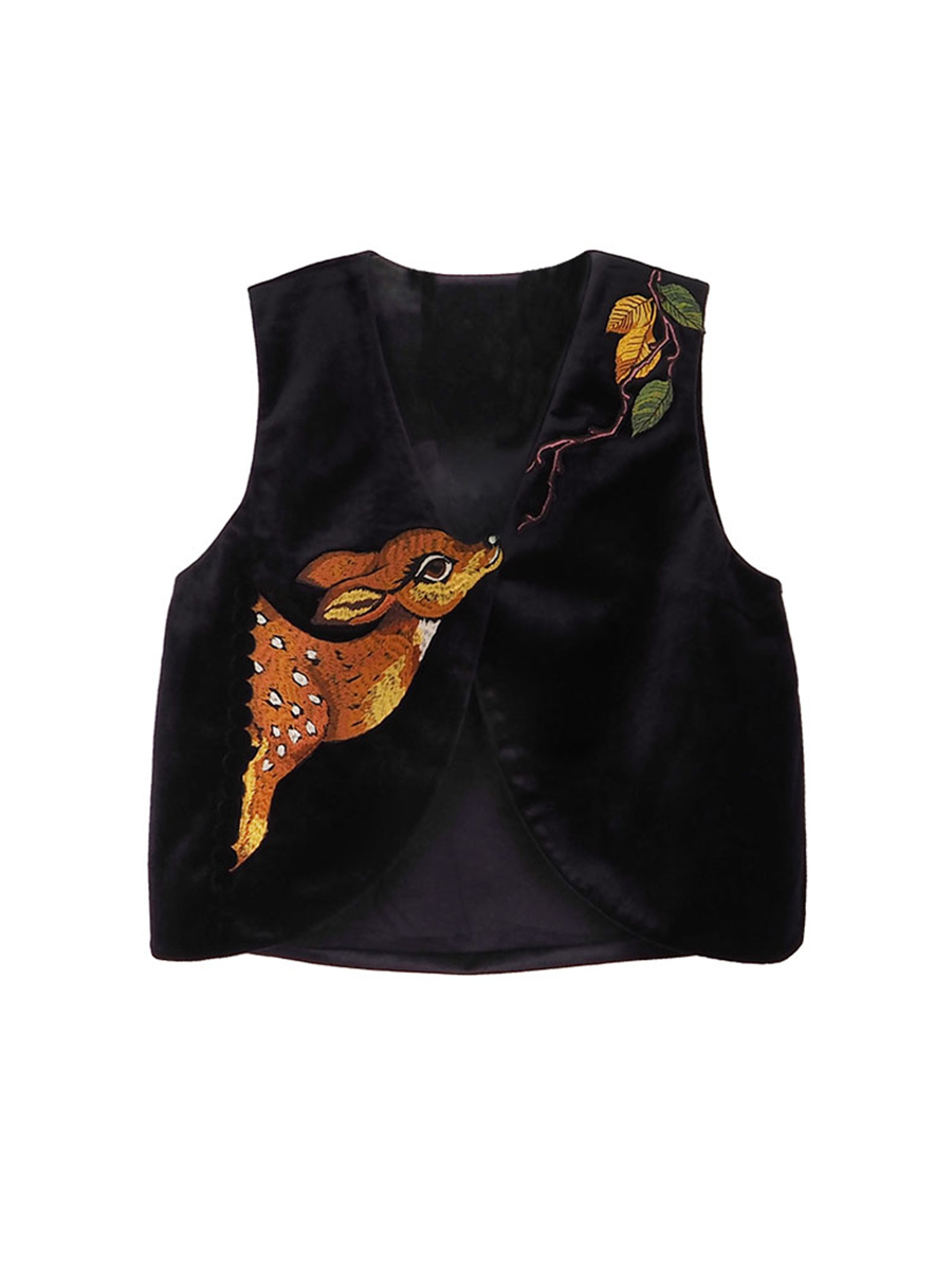 Original Design Autumn Elegant Deer Embroidery Branch Embroidery Velvet Vest V-neck Single breasted Buckle