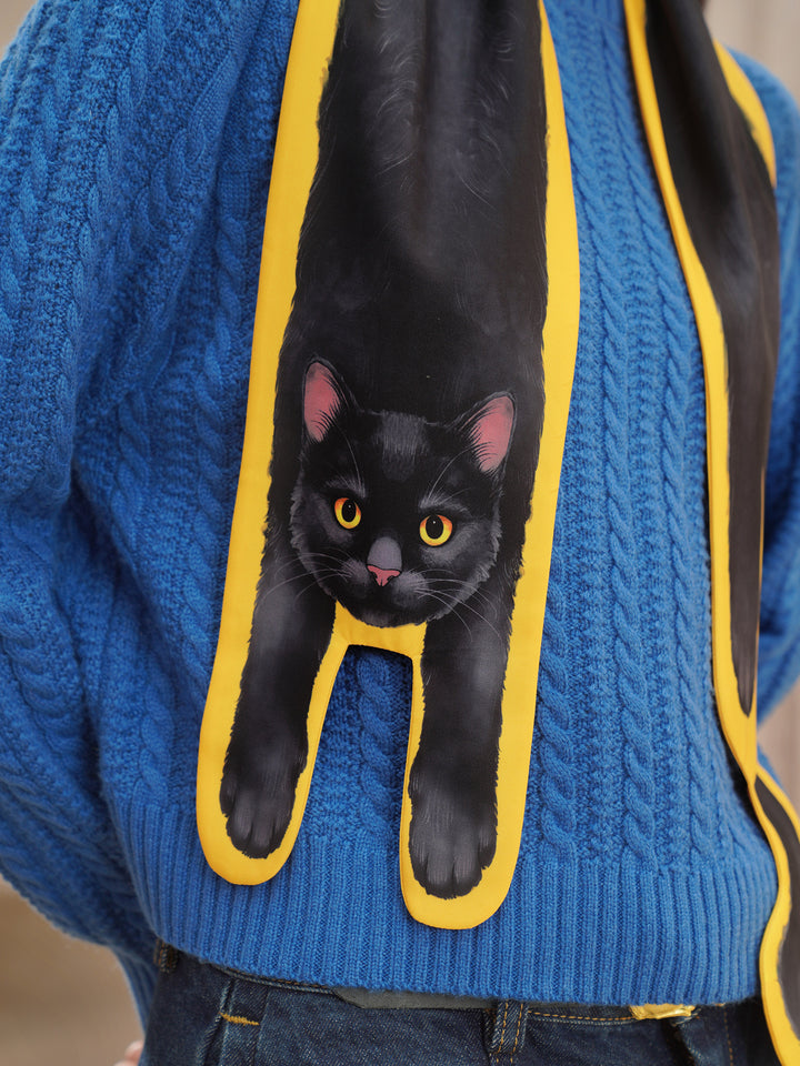 Golden Whiskers Little Black Cat Scarf - Smooth Silk-Feel Bright Yellow Neck Wrap