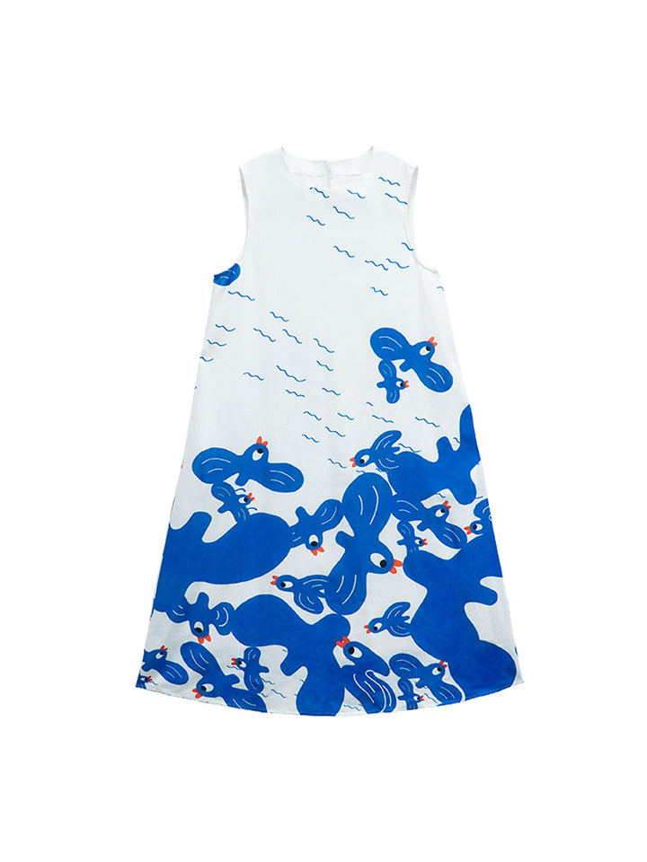 Original Summer Refreshing Blue and White Hand drawn Illustration Art Printed Dress Color Contrast Design Tank Top Long Dress