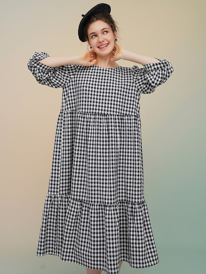 Original Embroidered Rose French Retro Long Sleeve Dress with Classic Black and White Grid Medium length Dress for Women