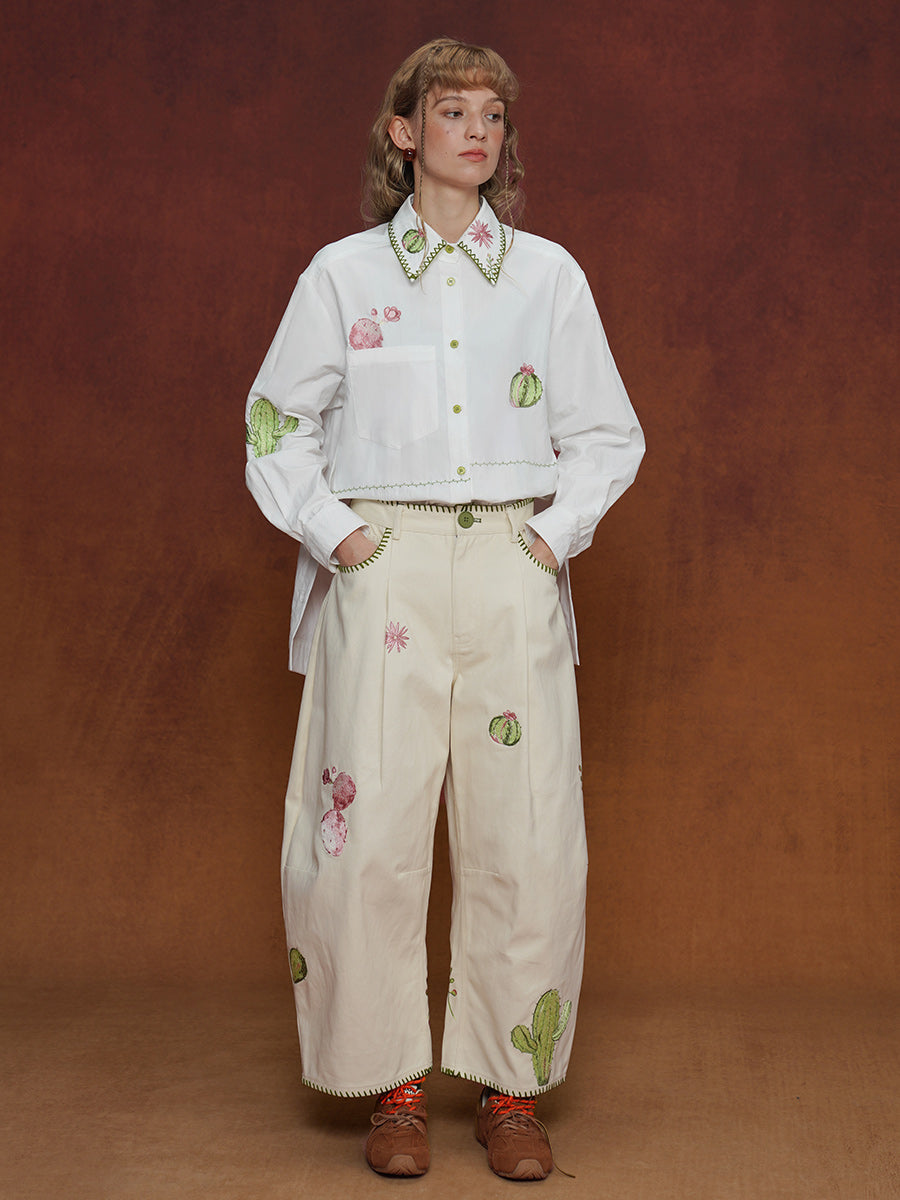 Original design, niche retro shirt, heavy embroidery long sleeved women's Cuban collar loose top