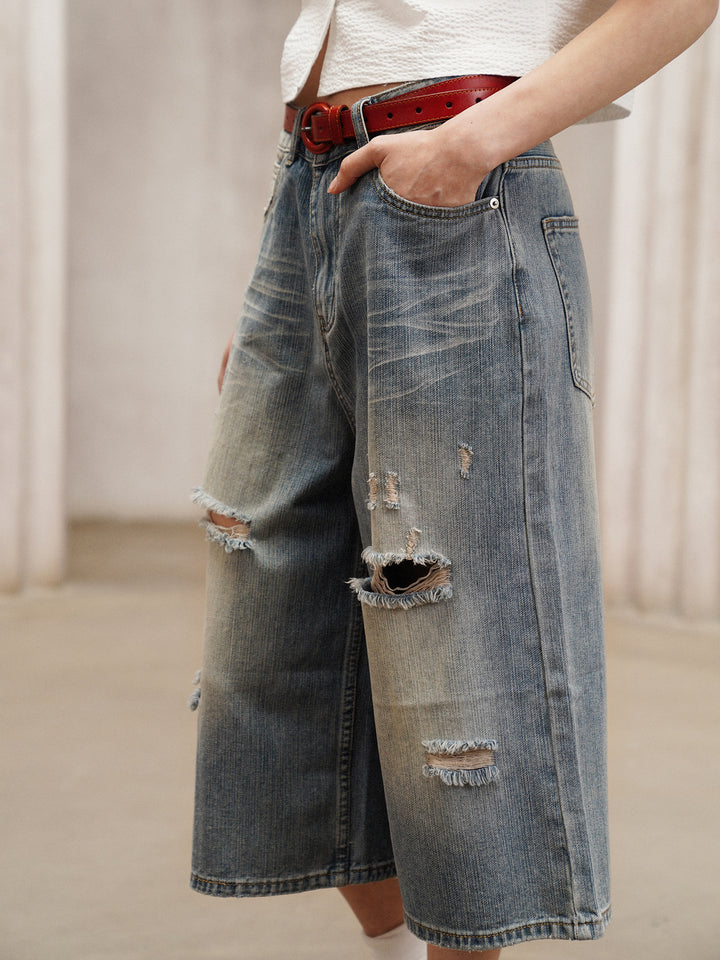 2026 vintage American style street jeans, ripped and washed, cropped pants for women, summer wide-leg pants, high-waisted pants