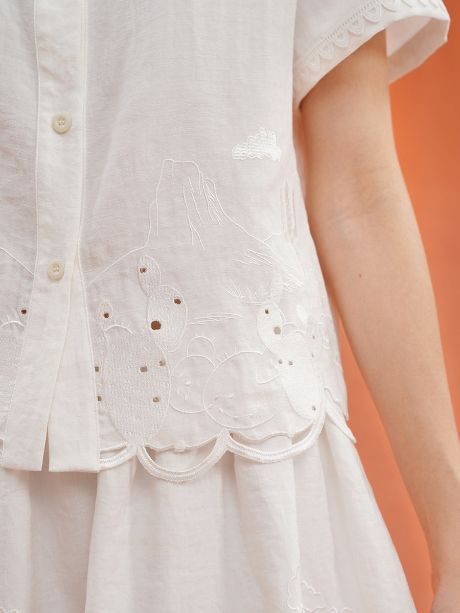 Original woven summer French style retro white shirt with plant embroidery and carved holes, slightly transparent, lightweight and versatile top