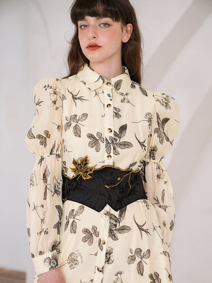 Original French retro plant print long sleeved dress for women with light apricot temperament, slimming commuting dress