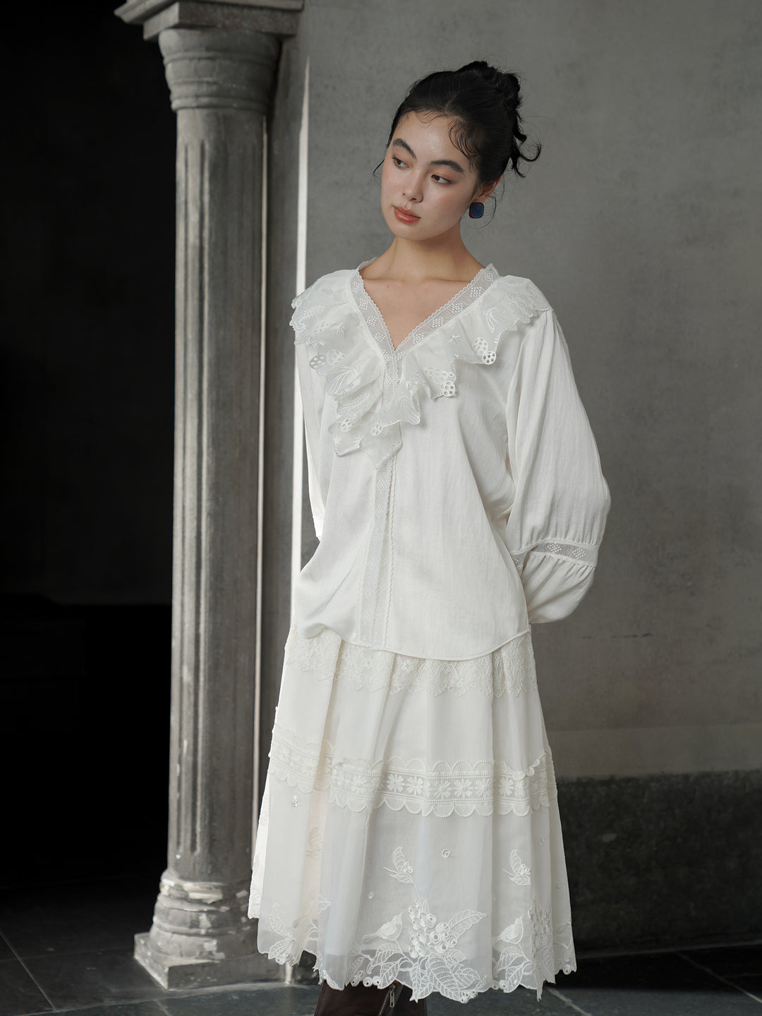 French Pearl White 3D Floral Embroidery Midi Skirt | Textured Flare Design