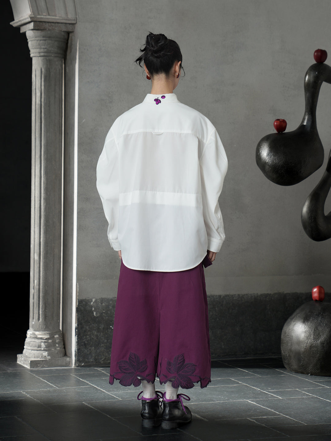 Vintage Grape Purple Embroidered Shirt | Contrast White Lapel Blouse