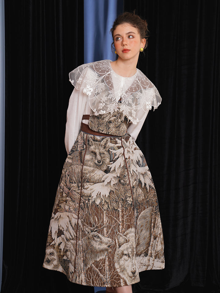 Original Jungle Animal Jacquard Half Skirt 2024 New Chinese Retro Umbrella Skirt Women's Set Winter Women's Skirt