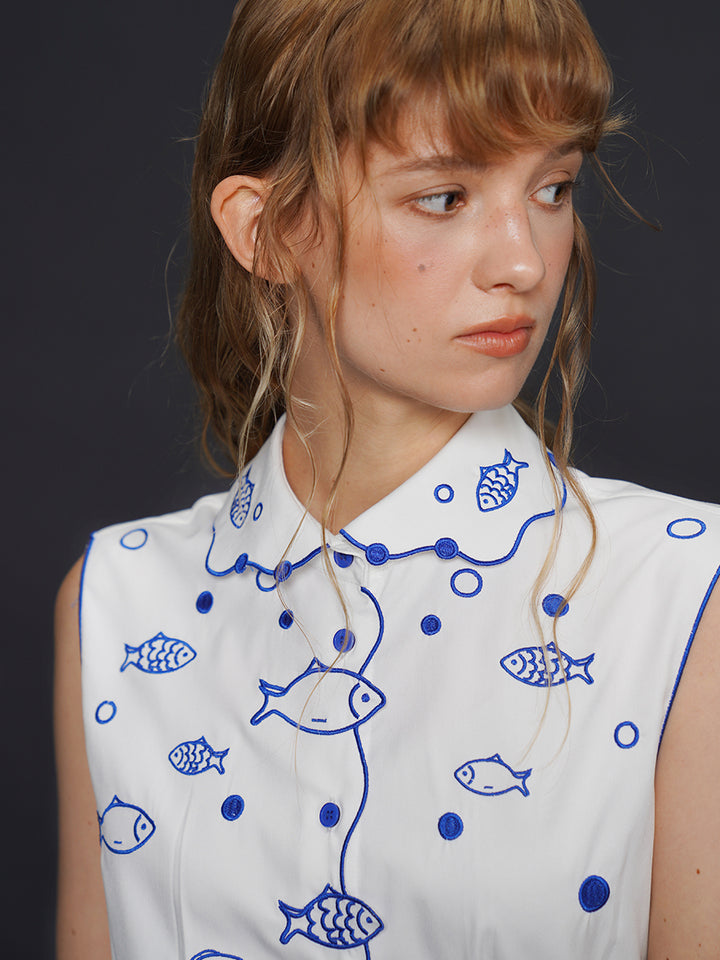 Original Ancient Plain Heavy Industry Fishbone Embroidery Shirt Artistic Women's Top 2025 Summer New Doll Neck