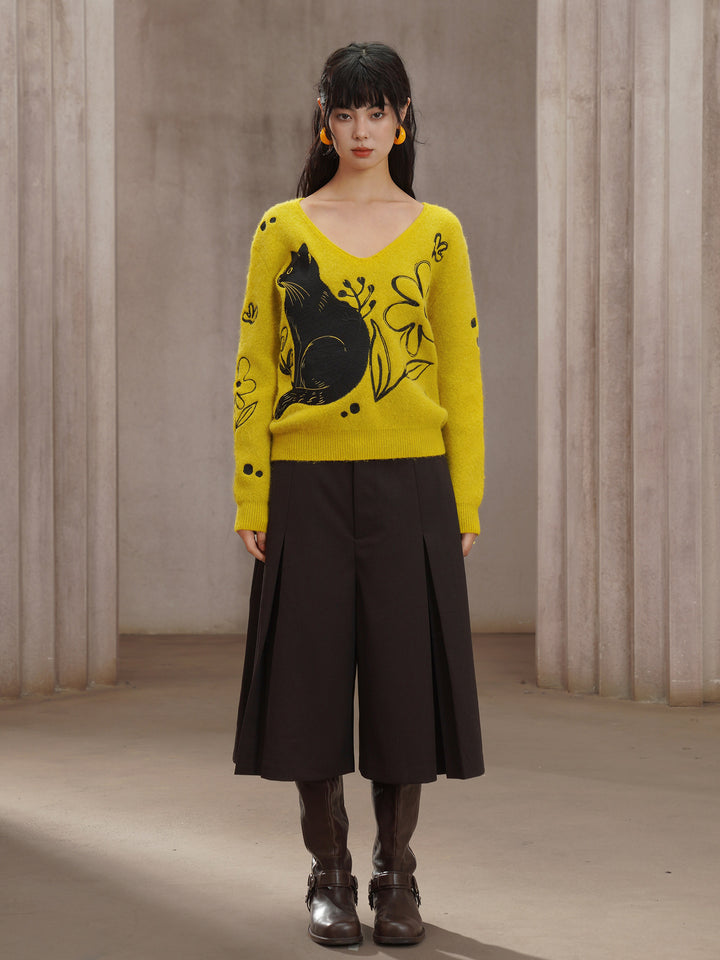 Black cat embroidery mixed sweater with rabbit hair, pullover vintage knitted shirt, skin-friendly soft and waxy V-neck