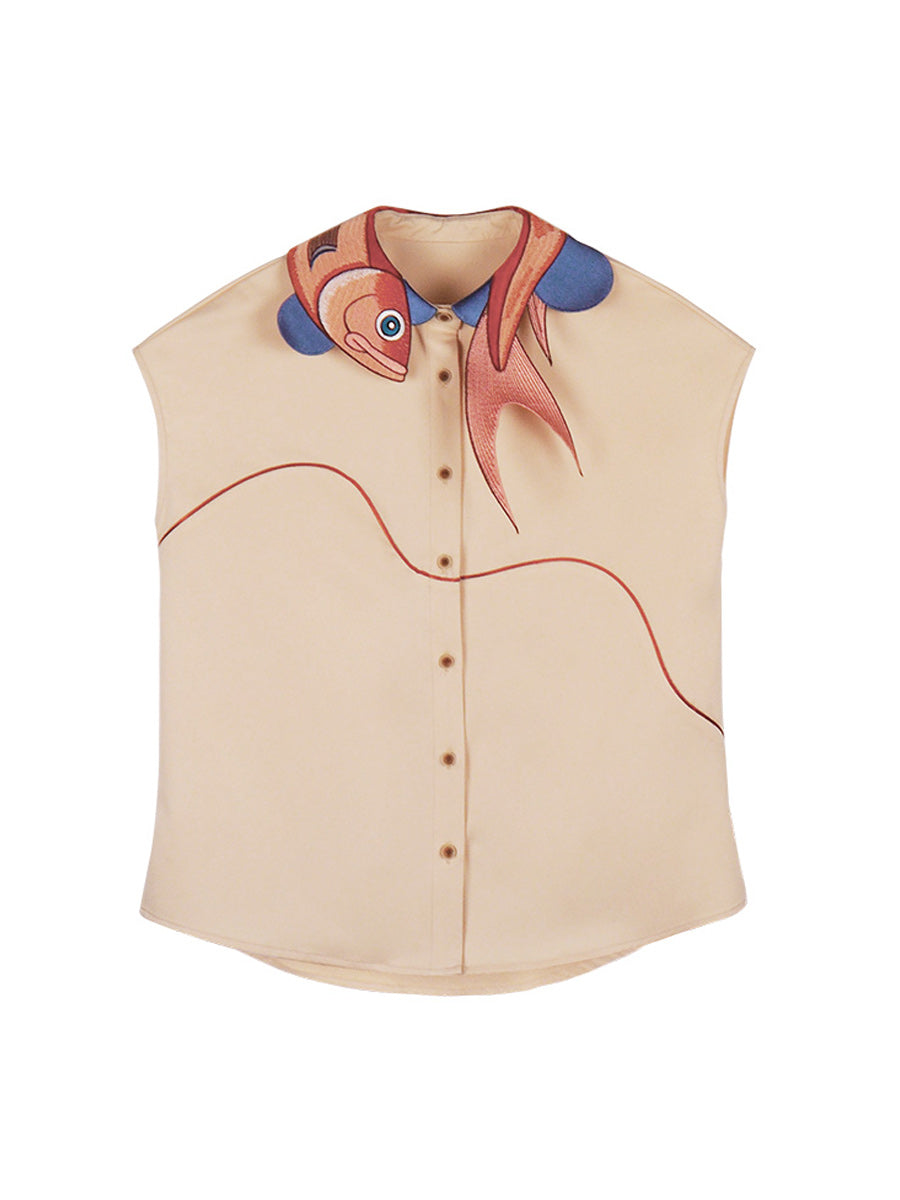 Original design: New retro koi fish bone embroidered collar sleeveless commuting shirt for women's summer short sleeved top