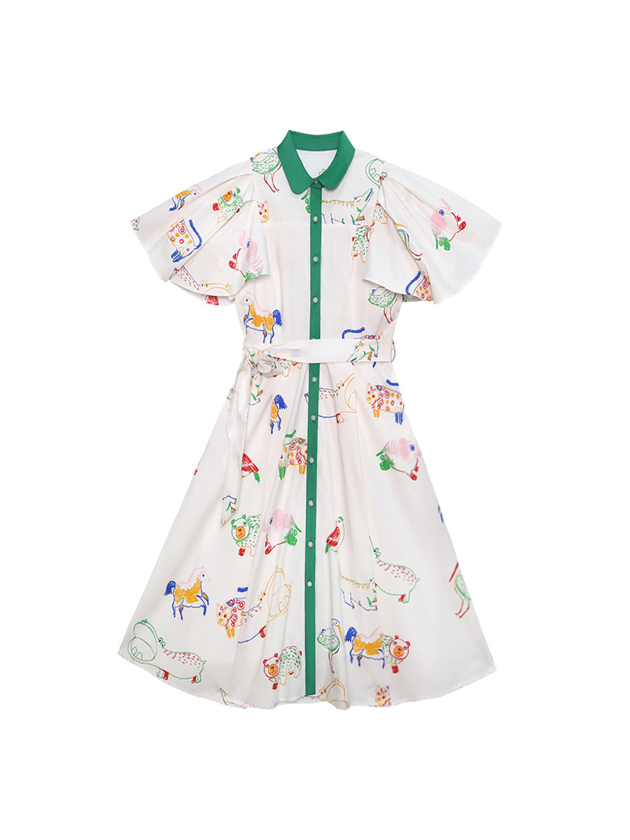 Original French retro bird graffiti full print dress, women's short sleeved white niche slimming dress